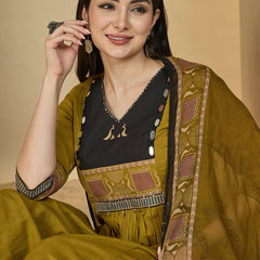 Gulmohar Jaipur Rayon Calf Length Solid 3/4 Sleeves V-Neck Flared Kurta Suit Set