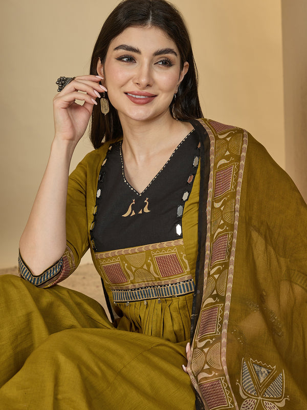 Gulmohar Jaipur Rayon Calf Length Solid 3/4 Sleeves V-Neck Flared Kurta Suit Set