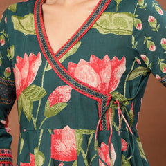 Cotton Ankle Length Printed 3/4 Sleeves V-Neck Flared Kurta