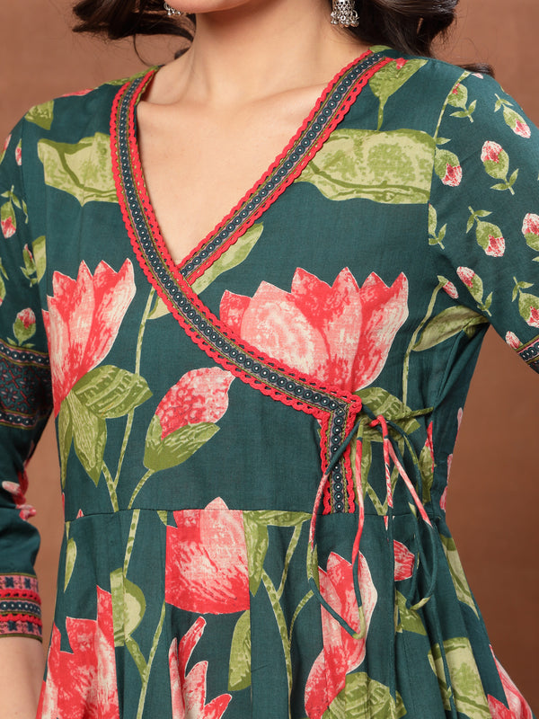 Cotton Ankle Length Printed 3/4 Sleeves V-Neck Flared Kurta