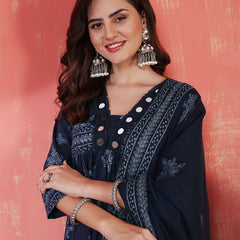 Navy Rayon Calf Length Printed 3/4 Sleeves V-Neck Semi-Flared Kurta Suit Set