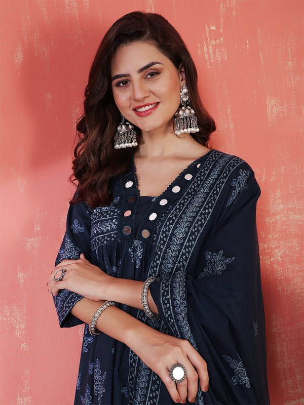 Navy Rayon Calf Length Printed 3/4 Sleeves V-Neck Semi-Flared Kurta Suit Set