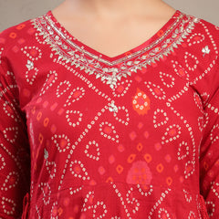 Cotton Calf Length Printed 3/4 Sleeve V-Neck Flared Kurta Suit Set