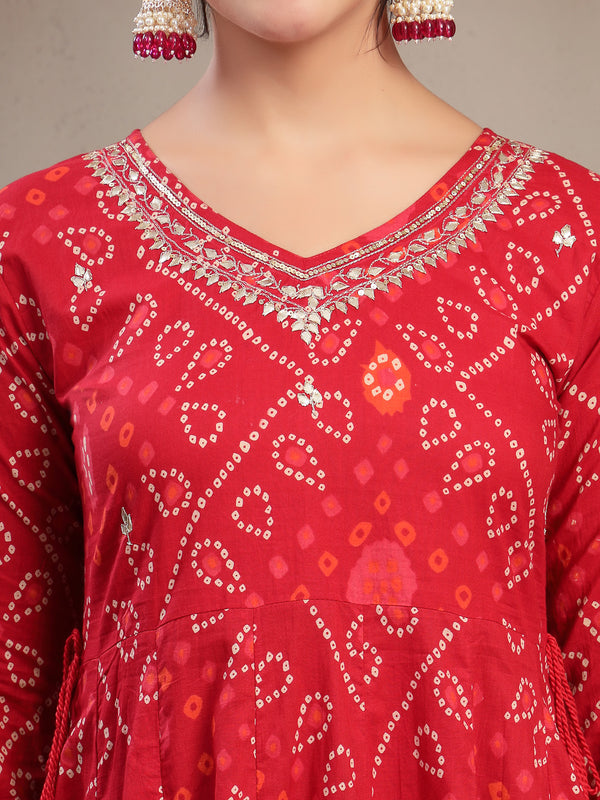 Cotton Calf Length Printed 3/4 Sleeve V-Neck Flared Kurta Suit Set