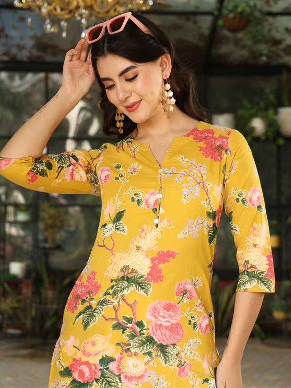 Yellow Cotton Calf Length Printed Straight Round Neck Kurta