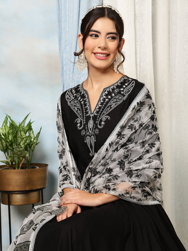 Black Rayon Calf Length Solid V-Neck Anarkali Kurta Suit Set