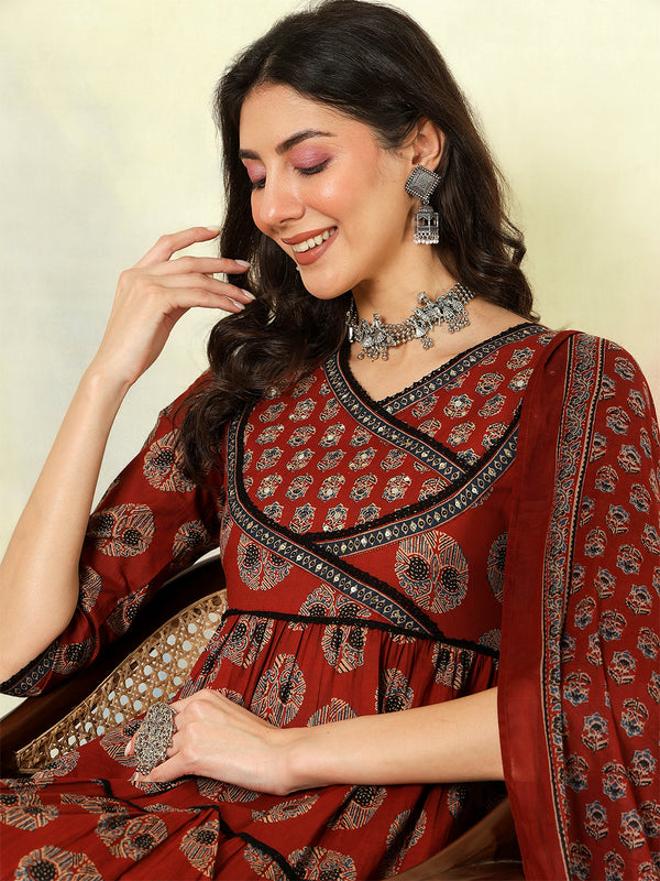 Maroon Cotton Calf Length Printed Flared V-Neck Kurta Suit Set