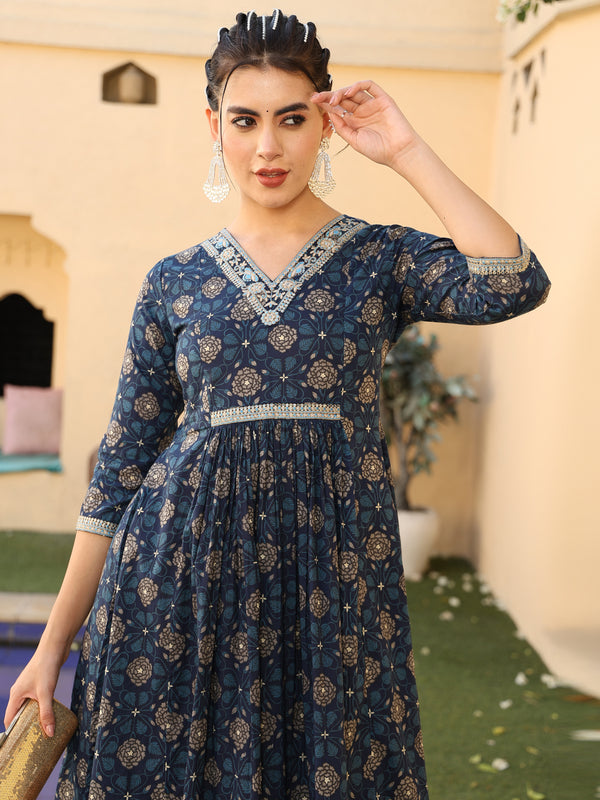 Navy Cotton Calf Length Printed Semi-Flared V-Neck Kurta