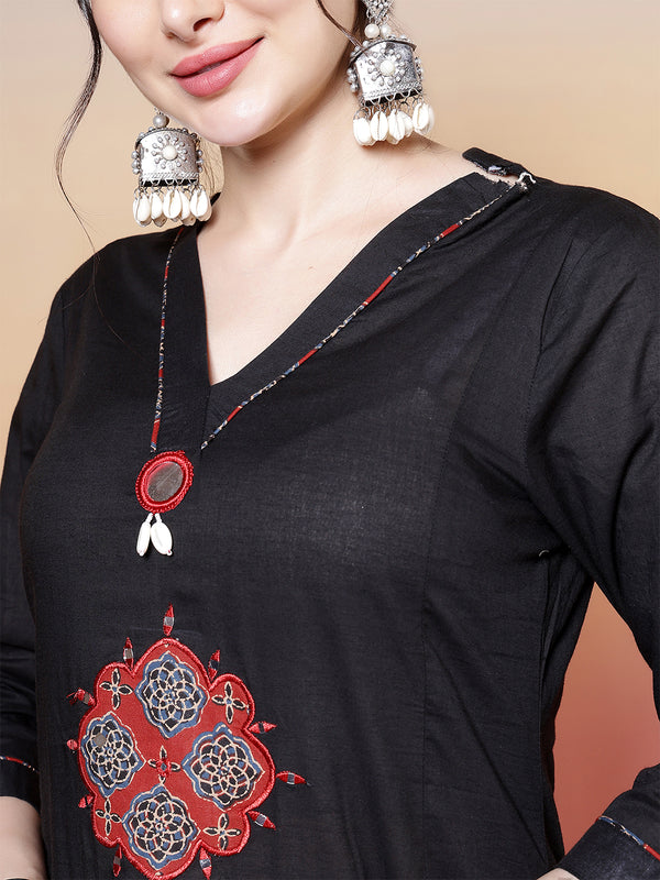 Rayon Calf Length Solid 3/4 Sleeves V-Neck Flared Kurta Suit Set