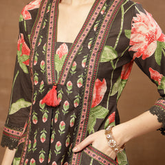 Cotton Calf Length Printed 3/4 Sleeves V-Neck Flared Kurta Suit Set