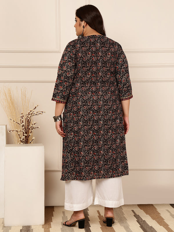Cotton Calf Length Printed Straight 3/4 Sleeves Round Kurta Suit Set (Plus+)