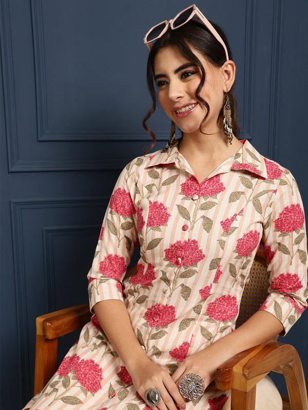 Pink Cotton Flex Calf Length Printed Shirt Coller Straight Kurta