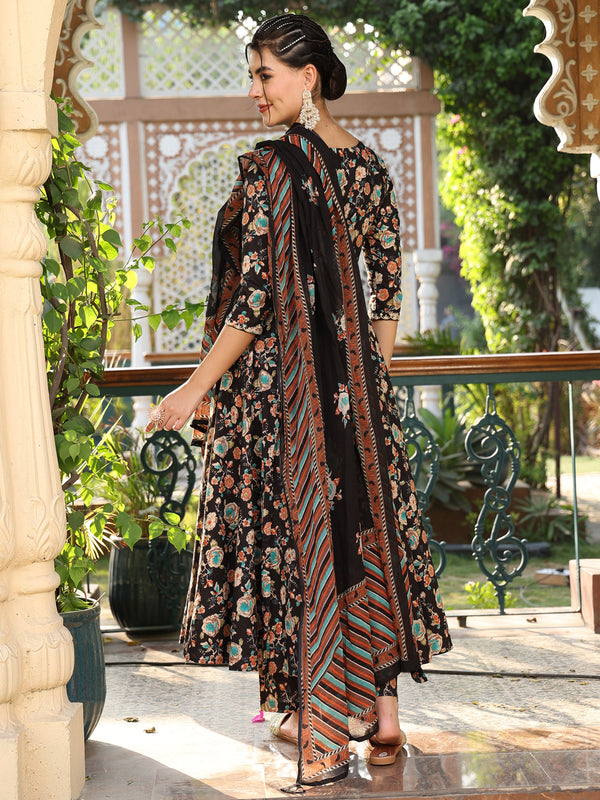 Black Cotton Calf Length Printed Round Neck Anarkali Kurta Suit Set