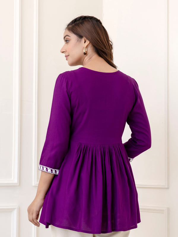 Purple Rayon Hip Length Solid V-Neck Solid Embroidered Semi-Flared Top