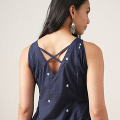 Cotton Hip Length Solid Sleeveless V-Neck Flared Top