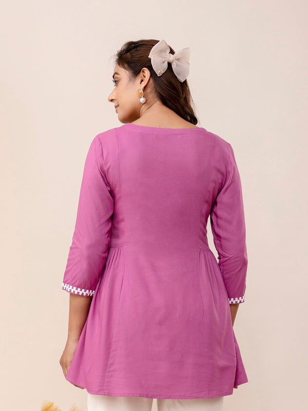 Lavender Rayon Hip Length Solid Round Neck Solid Embroidered Straight Top