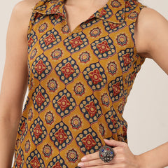 Rayon Calf Length Printed Sleeveless Shirt Collar Straight Kurta