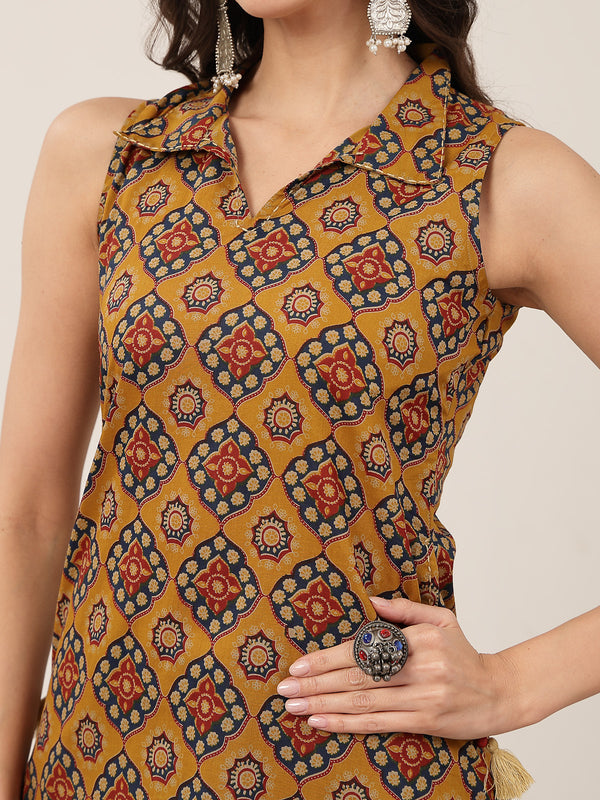 Rayon Calf Length Printed Sleeveless Shirt Collar Straight Kurta
