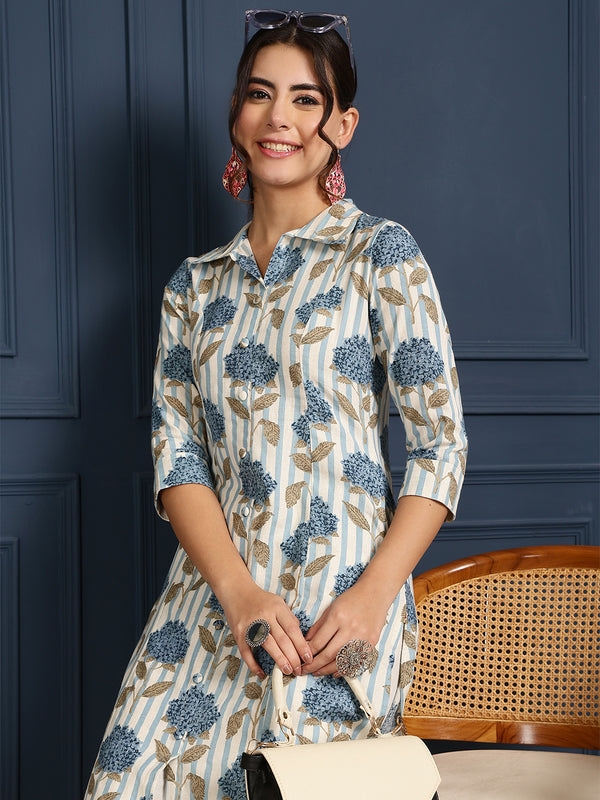 Blue Cotton Flex Calf Length Printed Shirt Coller Straight Kurta