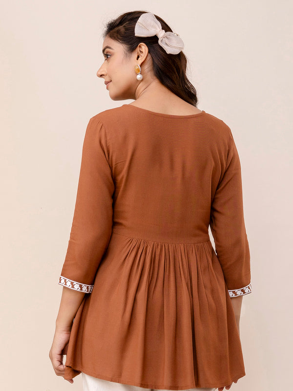 Brown Rayon Hip Length Solid V-Neck Solid Embroidered Semi-Flared Top