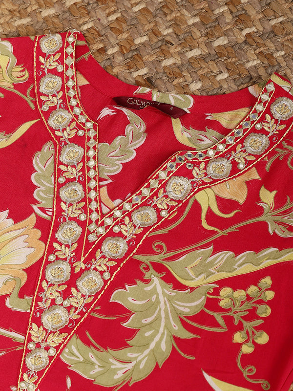 Coral Rayon Calf Length Printed V-Neck Straight Kurta