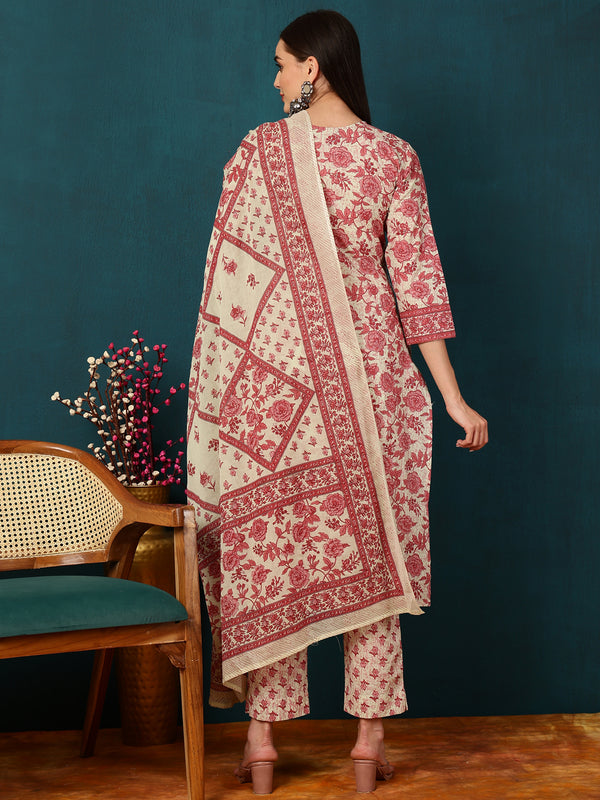Rayon Calf length Length Floral  Straight 3/4 Sleeves Round Neck Kurta Bottom Dupatta Set