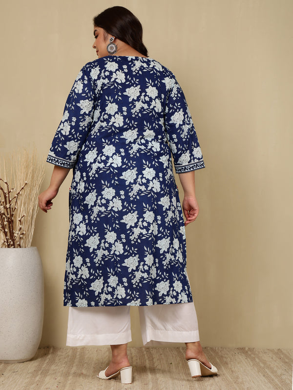 Cotton  Calf Length Printed Straight 3/4 Sleeves V-Neck Kurta