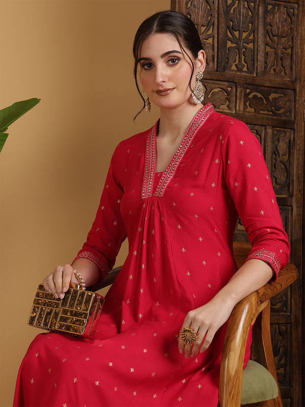 Rayon Calf Length Solid Semi-Flared V-Neck Kurta