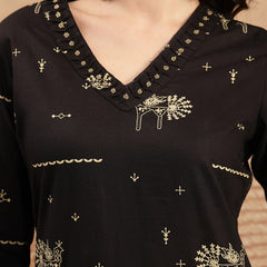 Gulmohar Jaipur Rayon Calf Length Printed 3/4 Sleeves V-Neck Straight Kurta Suit Set
