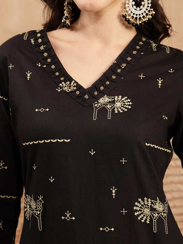 Gulmohar Jaipur Rayon Calf Length Printed 3/4 Sleeves V-Neck Straight Kurta Suit Set