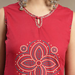 Gulmohar Jaipur Cotton Calf Length Printed Sleeveless Round Neck Straight Kurta Suit Set
