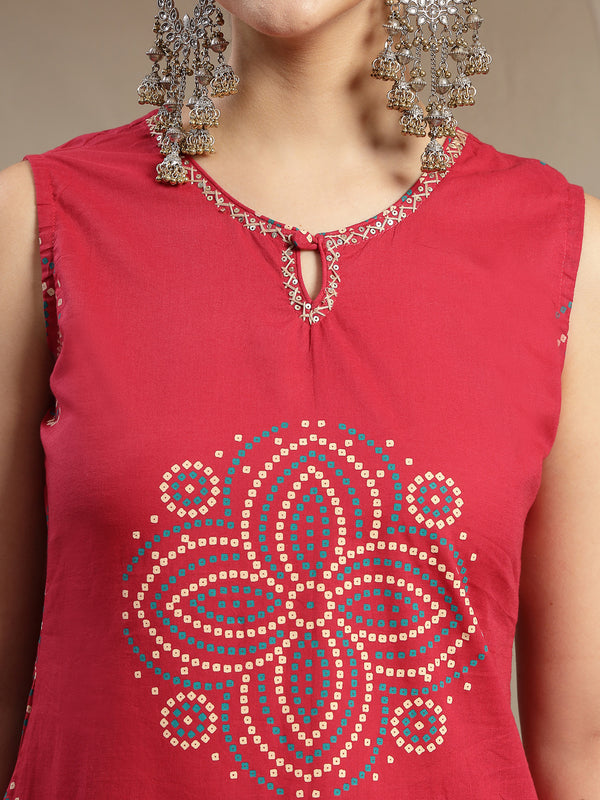 Gulmohar Jaipur Cotton Calf Length Printed Sleeveless Round Neck Straight Kurta Suit Set
