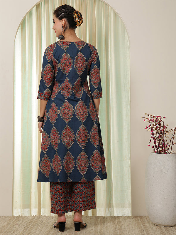 Blue Cotton Calf Length Printed Semi-Flared Round Neck Kurta Palazzo Set