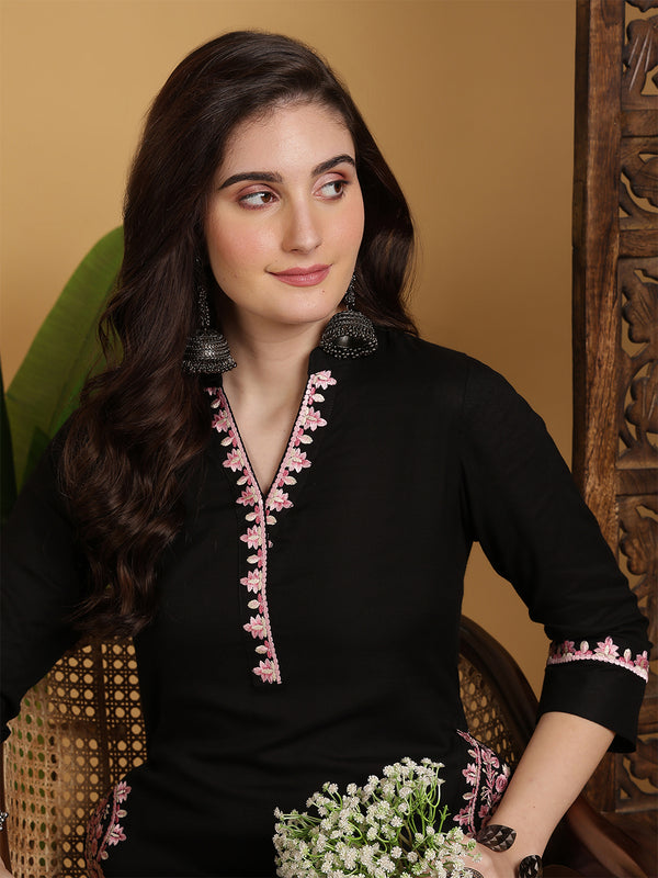 Black Rayon Embroidered Calf Length Solid Straight V-Neck Kurta