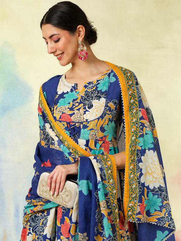 Blue Pure Cotton Printed Hand-Work Anarkali Kurta Suit Set