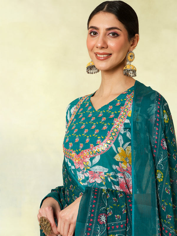 Black Pure Cotton Printed Embroidered Anarkali Kurta Suit Set