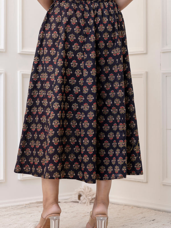 Navy Cotton Calf Length Printed Flared Palazzo