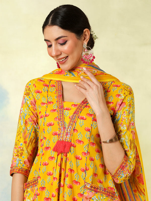 Black Pure Cotton Printed Embroidered Semi-Flared Kurta Suit Set