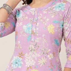 Cotton Calf Length Printed 3/4 Sleeve Round Neck Straight Kurta