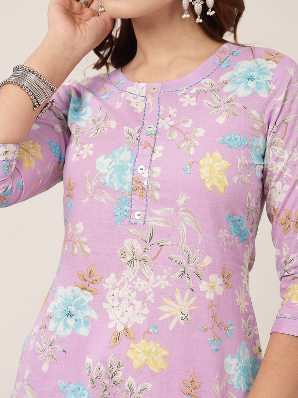 Cotton Calf Length Printed 3/4 Sleeve Round Neck Straight Kurta