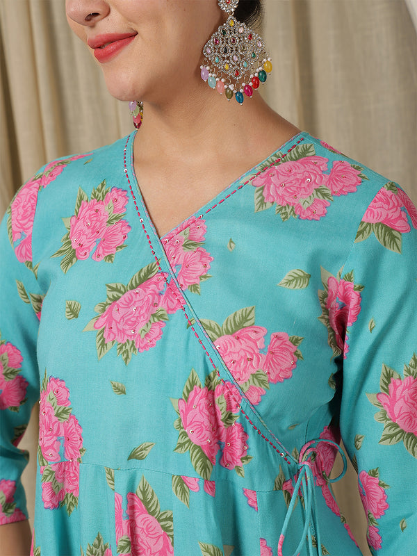 Blue Rayon Calf Length Printed Flared V-Neck Kurta