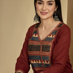 Gulmohar Jaipur Rayon Calf Length Solid 3/4 Sleeves V-Neck Straight Kurta Suit Set