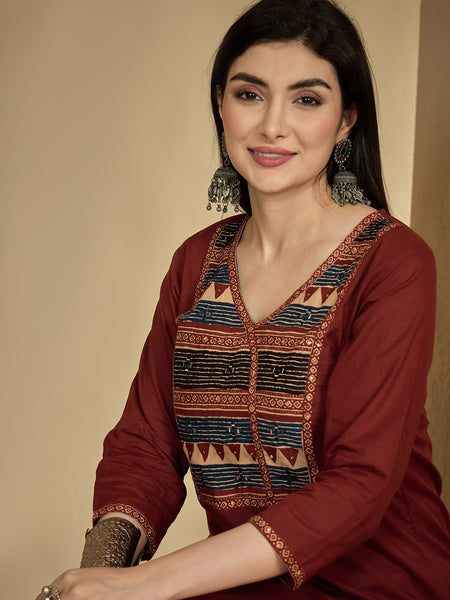 Gulmohar Jaipur Rayon Calf Length Solid 3/4 Sleeves V-Neck Straight Kurta Suit Set