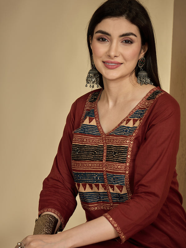 Gulmohar Jaipur Rayon Calf Length Solid 3/4 Sleeves V-Neck Straight Kurta Suit Set