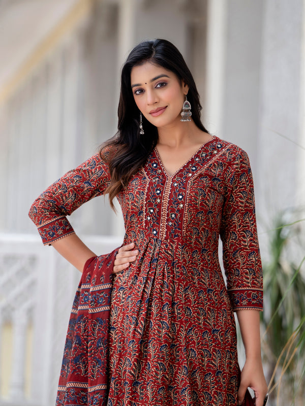 Maroon Cotton Calf Length Printed V-Neck Anarkali Kurta Suit Set