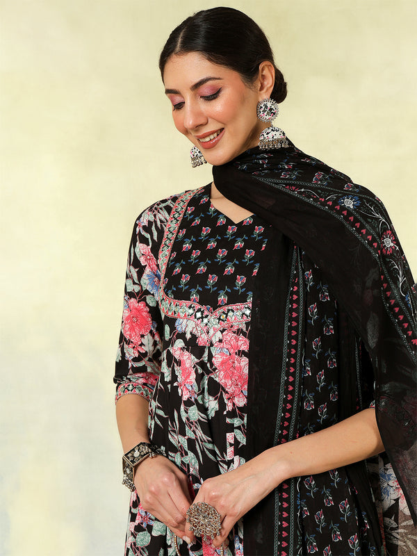 Black Pure Cotton Printed Embroidered Anarkali Kurta Suit Set