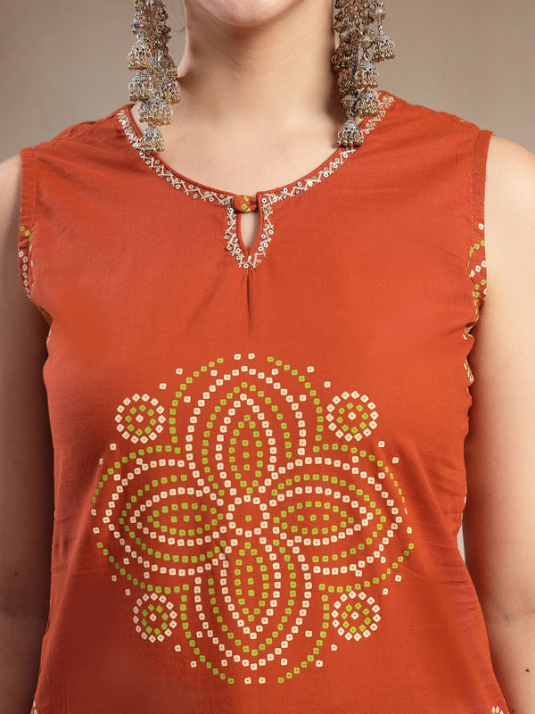 Gulmohar Jaipur Cotton Calf Length Printed Sleeveless Round Neck Straight Kurta Suit Set