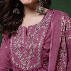 Cotton Calf Length Printed 3/4 Sleeves Round Neck Semi-Flared Kurta Suit Set