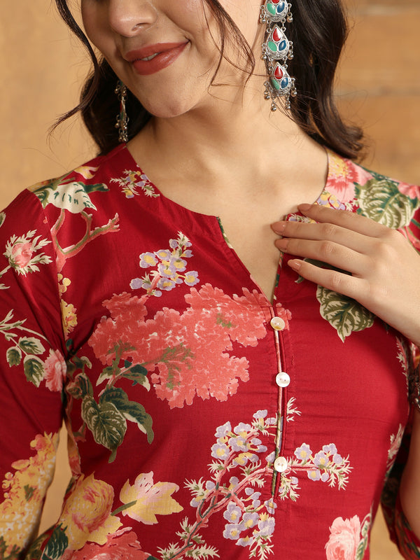 Maroon Cotton Calf Length Printed Straight Round Neck Kurta
