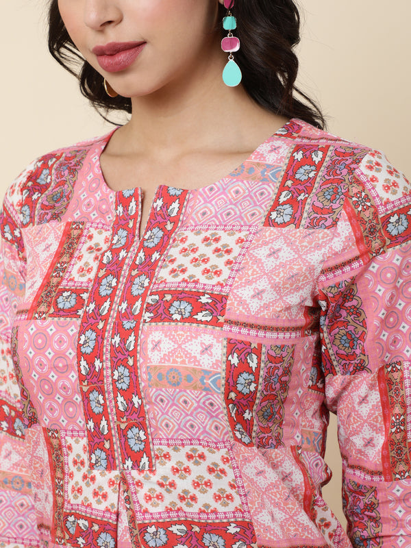 Cotton Short Length Length Printed Regular 3/4 Sleeves Round Top